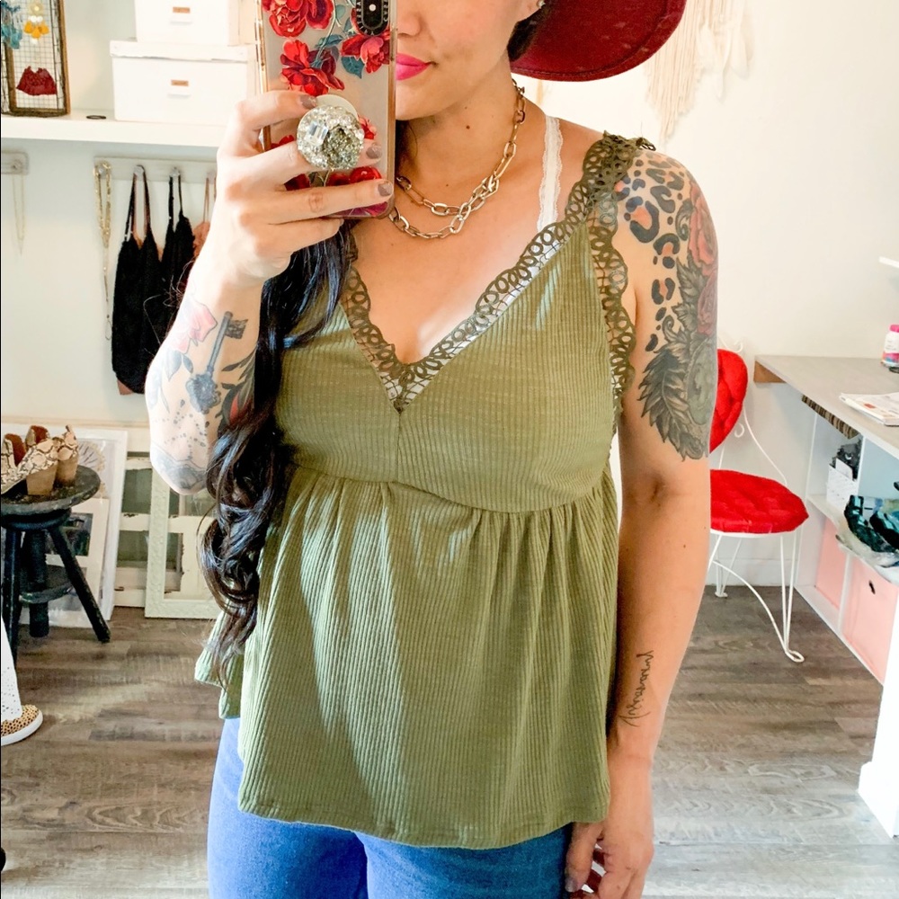 Olive Ribbed Tank Top with Crochet Details - Picture 3 of 5